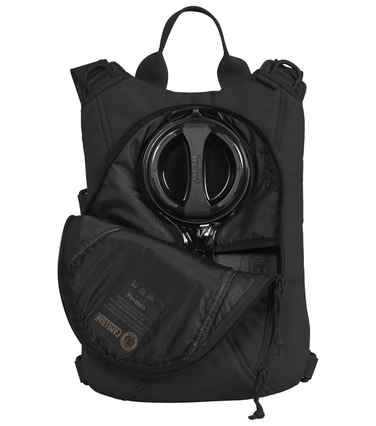 Two-zipper fill cover provides top or bottom of reservoir compartment entry points