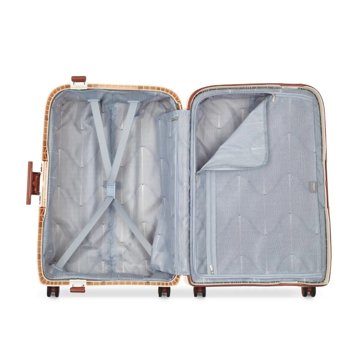 Internal packing straps and zipped mesh compartment