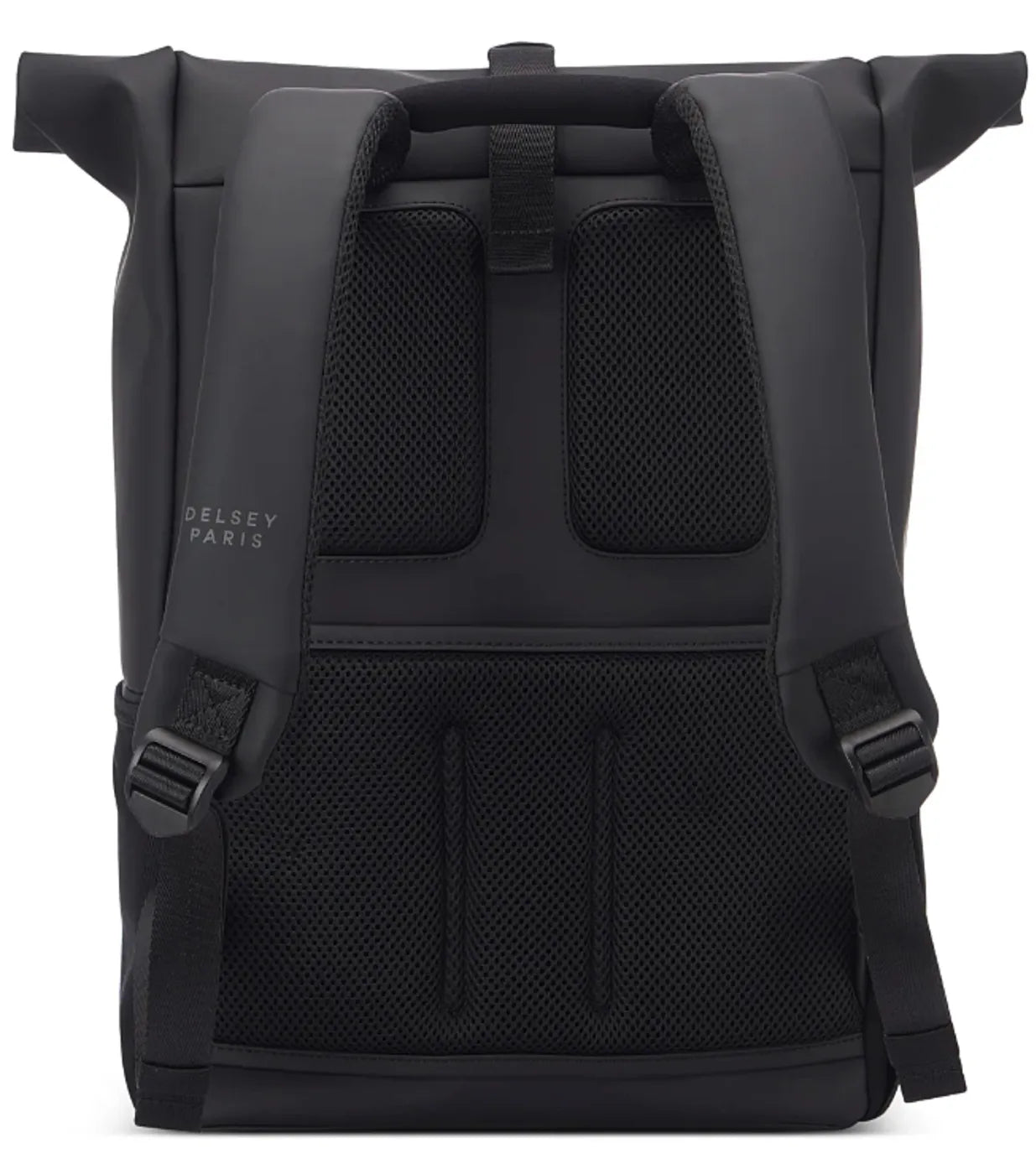 Black delsey turenne soft rolltop backpack with mesh back panel and padded straps for 15 inch laptops