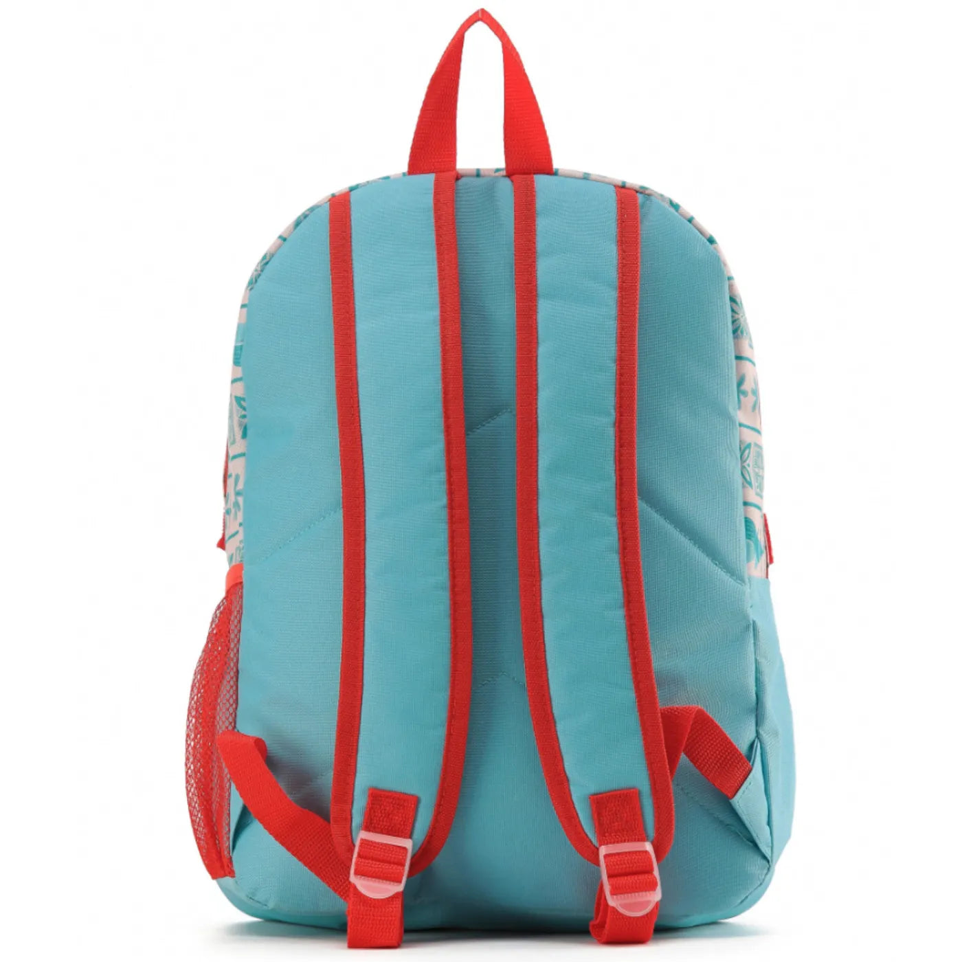 Turquoise disney moana backpack with red straps and detachable insulated cooler bag featuring tropical leaf pattern