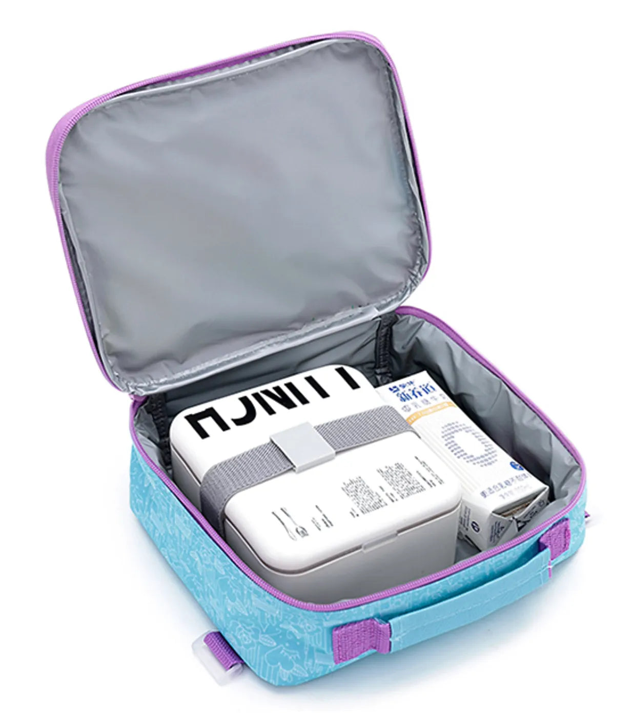 Light blue patterned insulated cooler bag with purple zipper and handles detachable cooler bag for disney princesses backpack