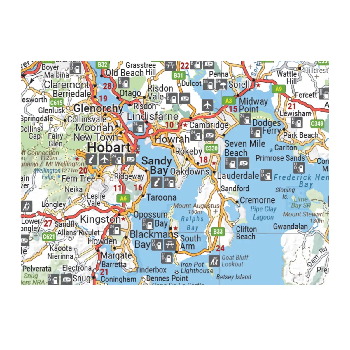 Marked on the mapping are highways, major and minor roads, camping and rest areas, 24-hour fuel, information centres, picnic areas, caravan parks and lookouts