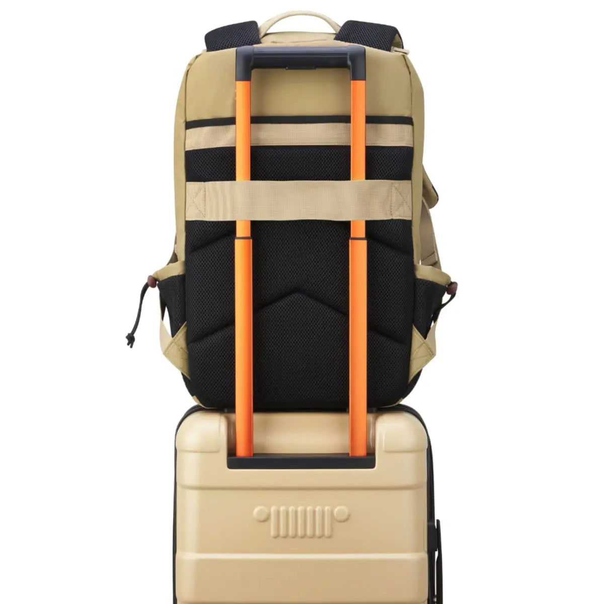 Padded Back Panel featuring a luggage band, ready to seamlessly slide over the trolley tubes of rolling luggage