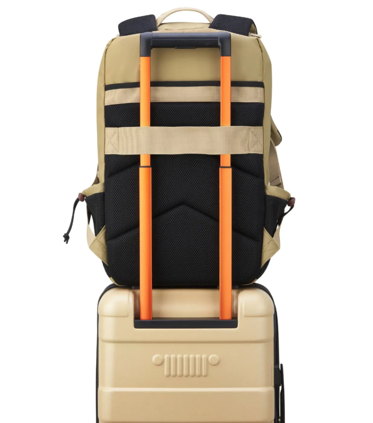 Padded Back Panel featuring a luggage band, ready to seamlessly slide over the trolley tubes of rolling luggage