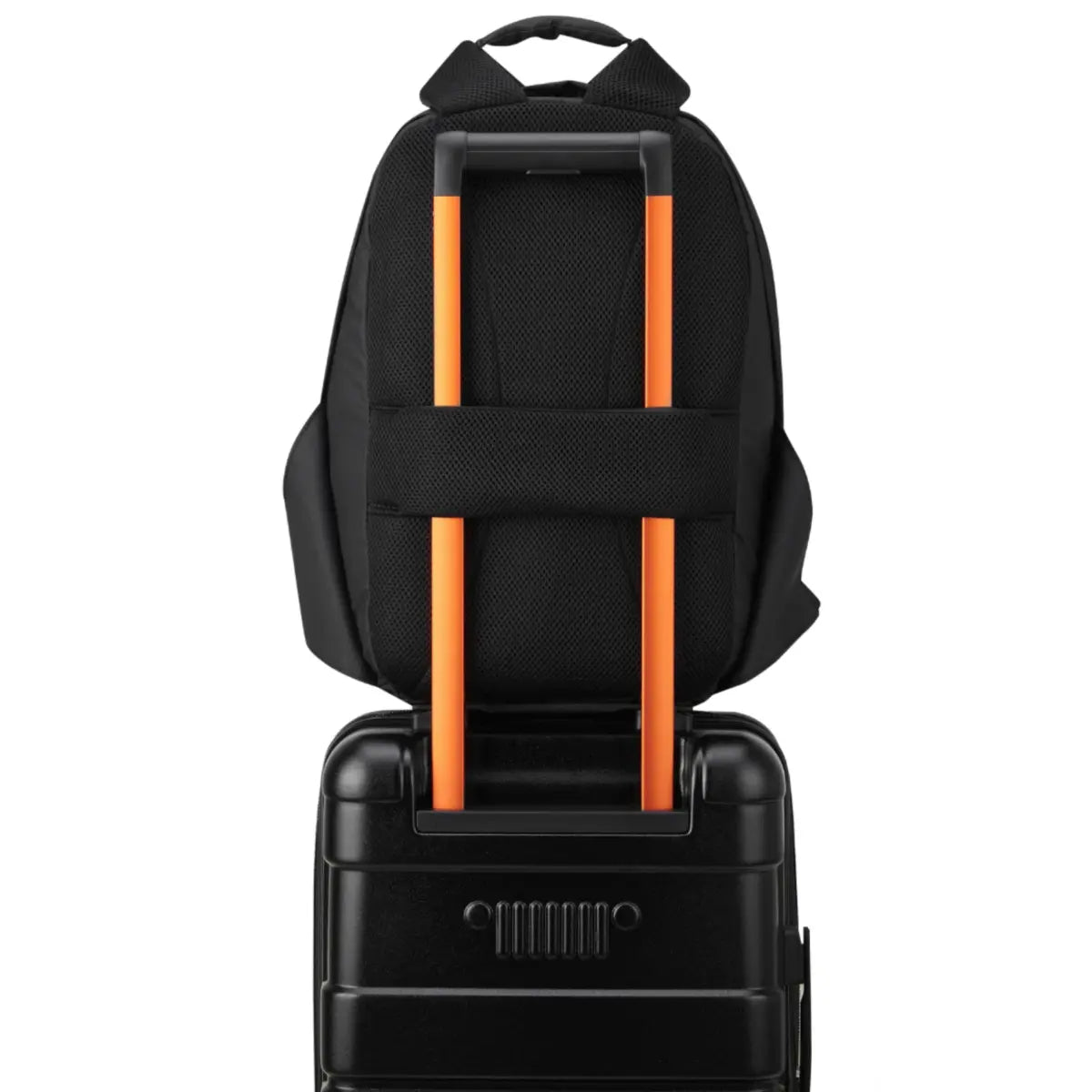 Padded Back Panel featuring a luggage band, ready to seamlessly slide over the trolley tubes of rolling luggage