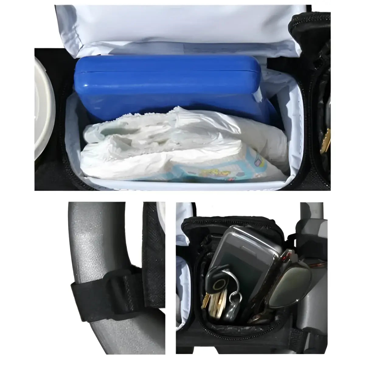 Large, insulated zippered compartment and Velcro straps securely fasten to the console