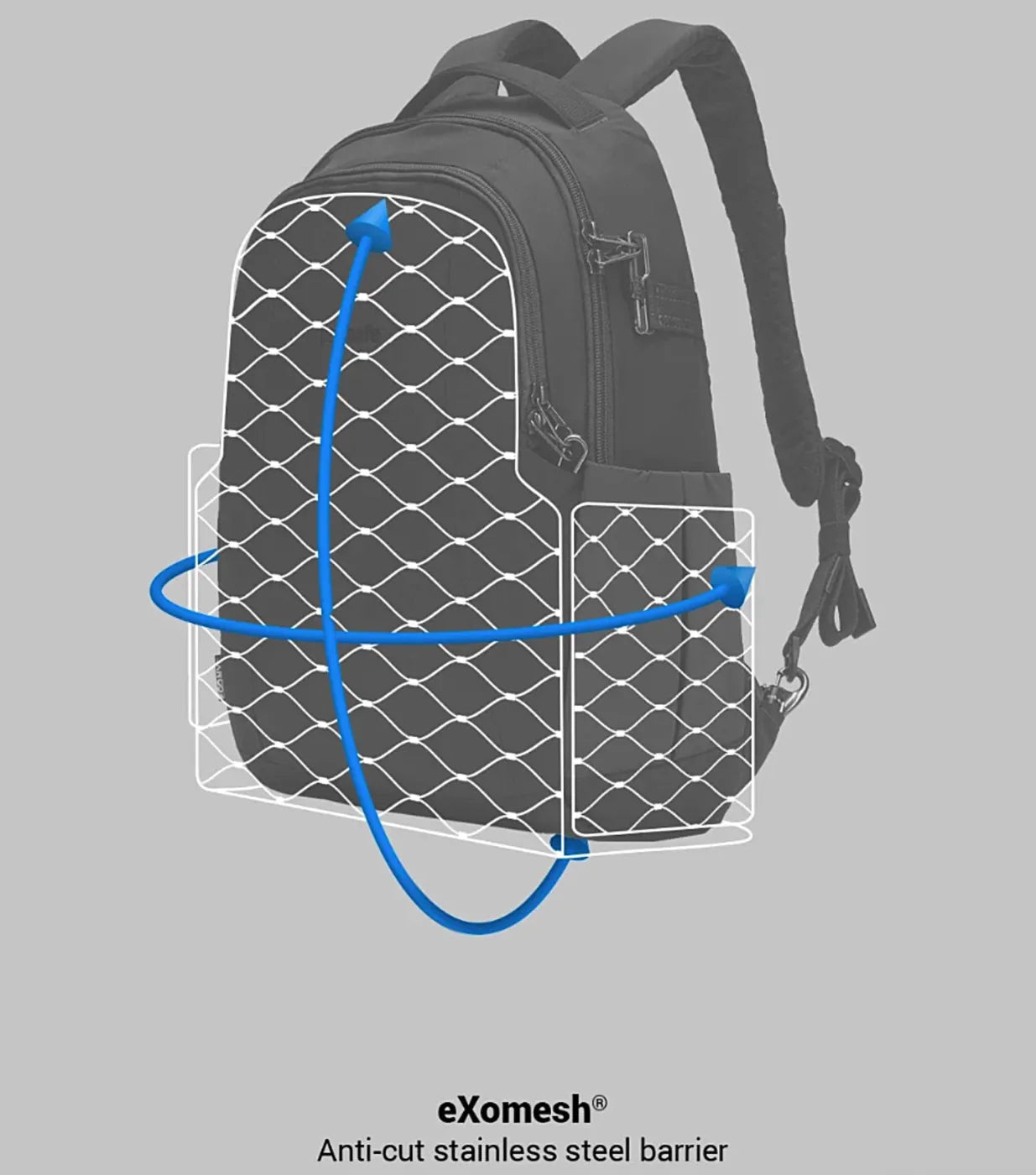 Black Pacsafe Metrosafe LS350 laptop backpack with exomesh anti-cut stainless steel barrier made from econyl regenerated nylon