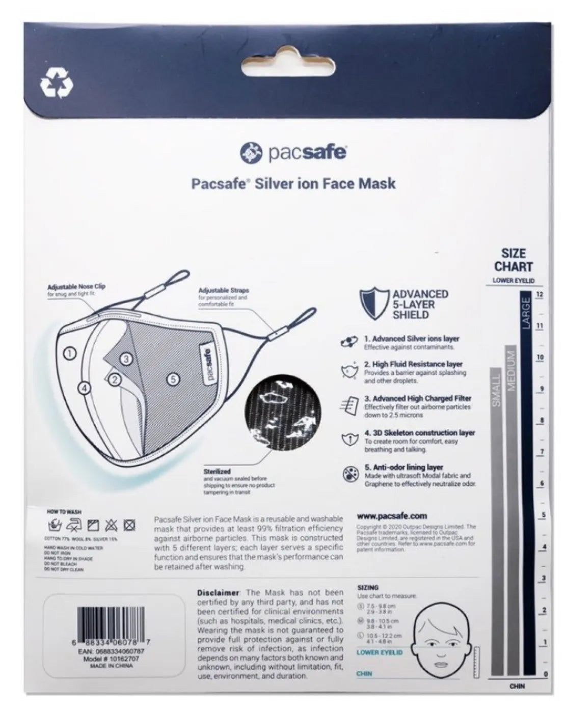Pacsafe Protective and Reusable Silver Ion Face Mask (Medium) - Silver Grey