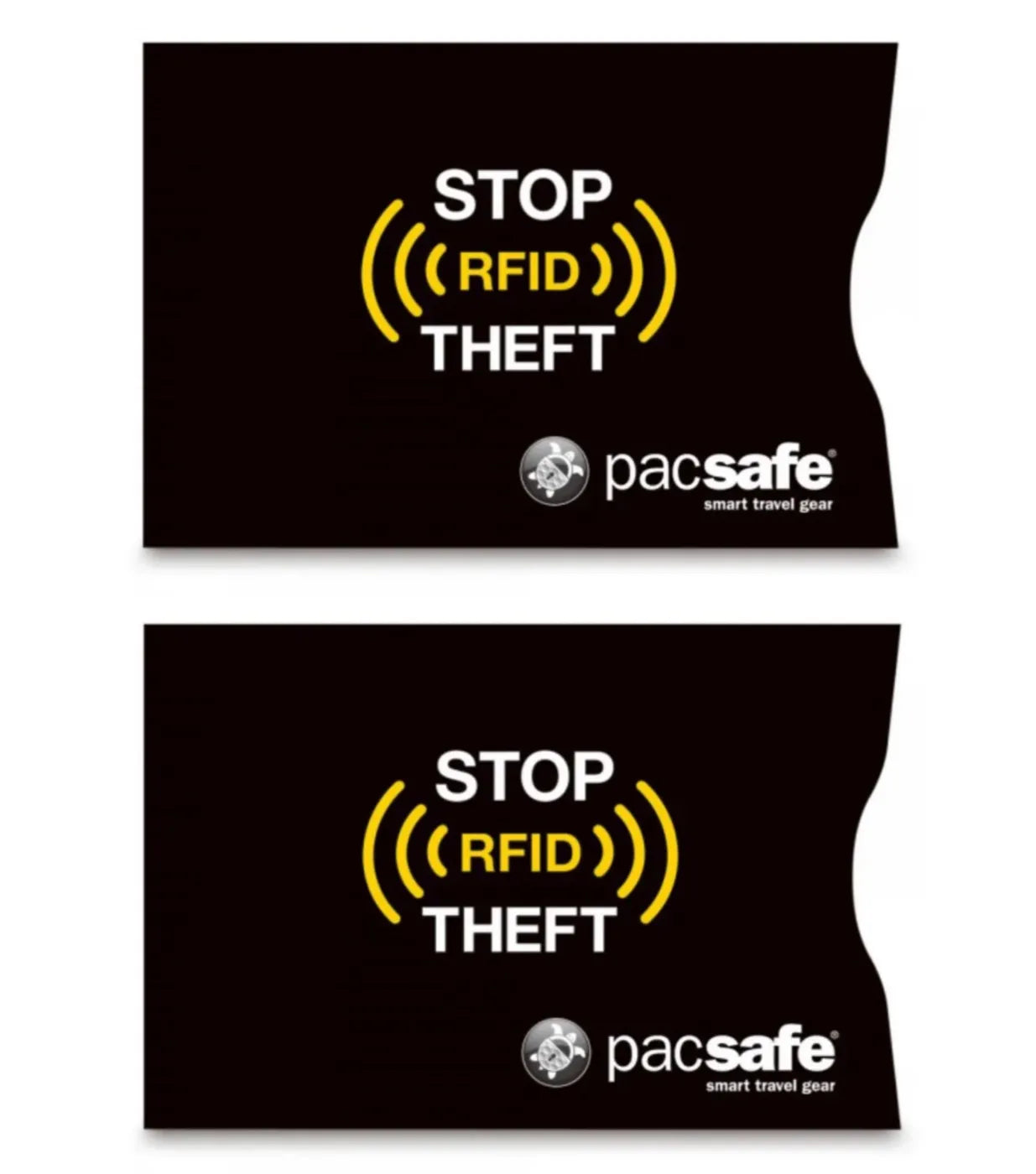Black pacsafe rfid blocking card sleeve with yellow stop rfid theft text protects credit cards from skimming
