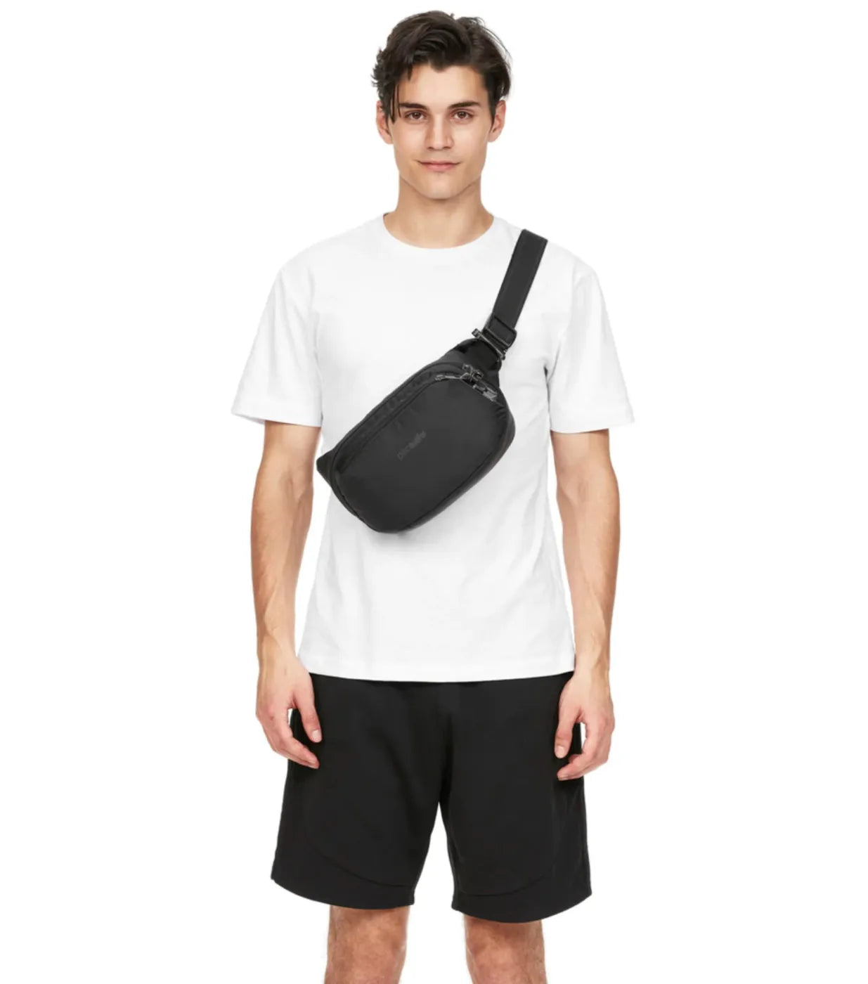 Pacsafe v anti-theft hip pack in jet black made from durable post-consumer recycled polyester with sleek design