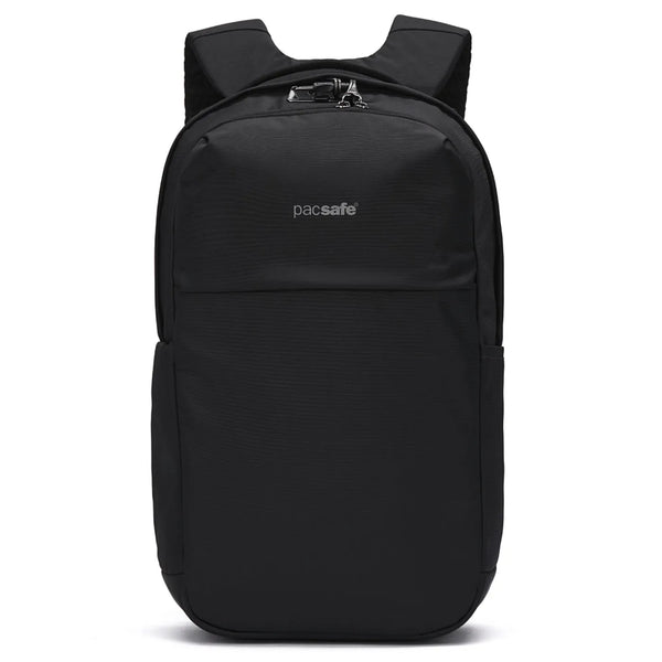 Black pacsafe v city 20l backpack with sleek durable fabric silver zipper hardware and quick access laptop compartment