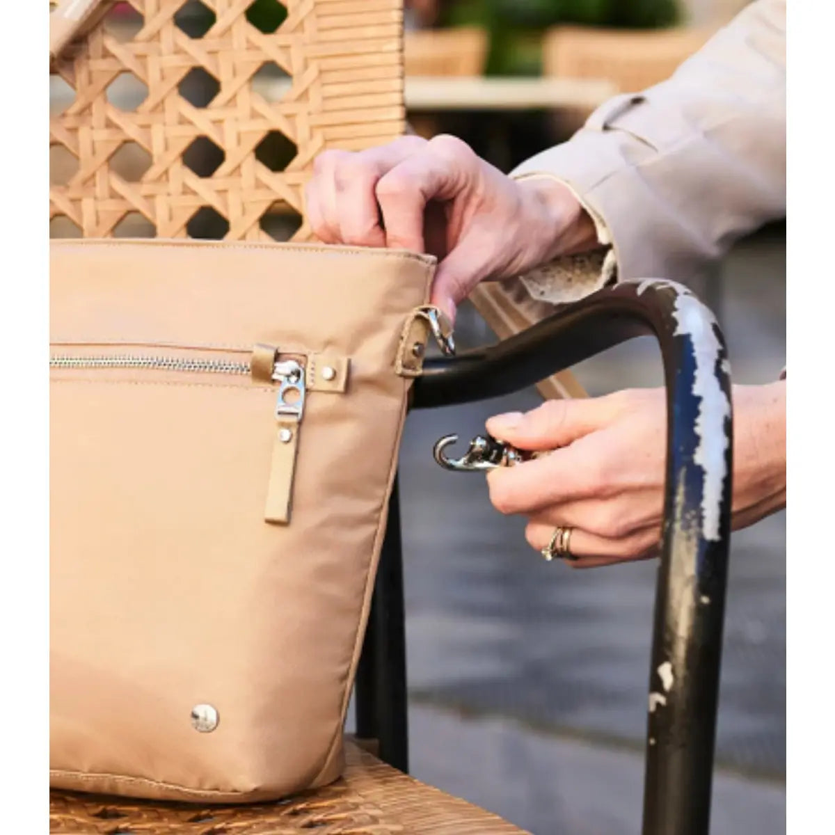 Cut-resistant anchor strap secures around a fixed object to protect your bag
