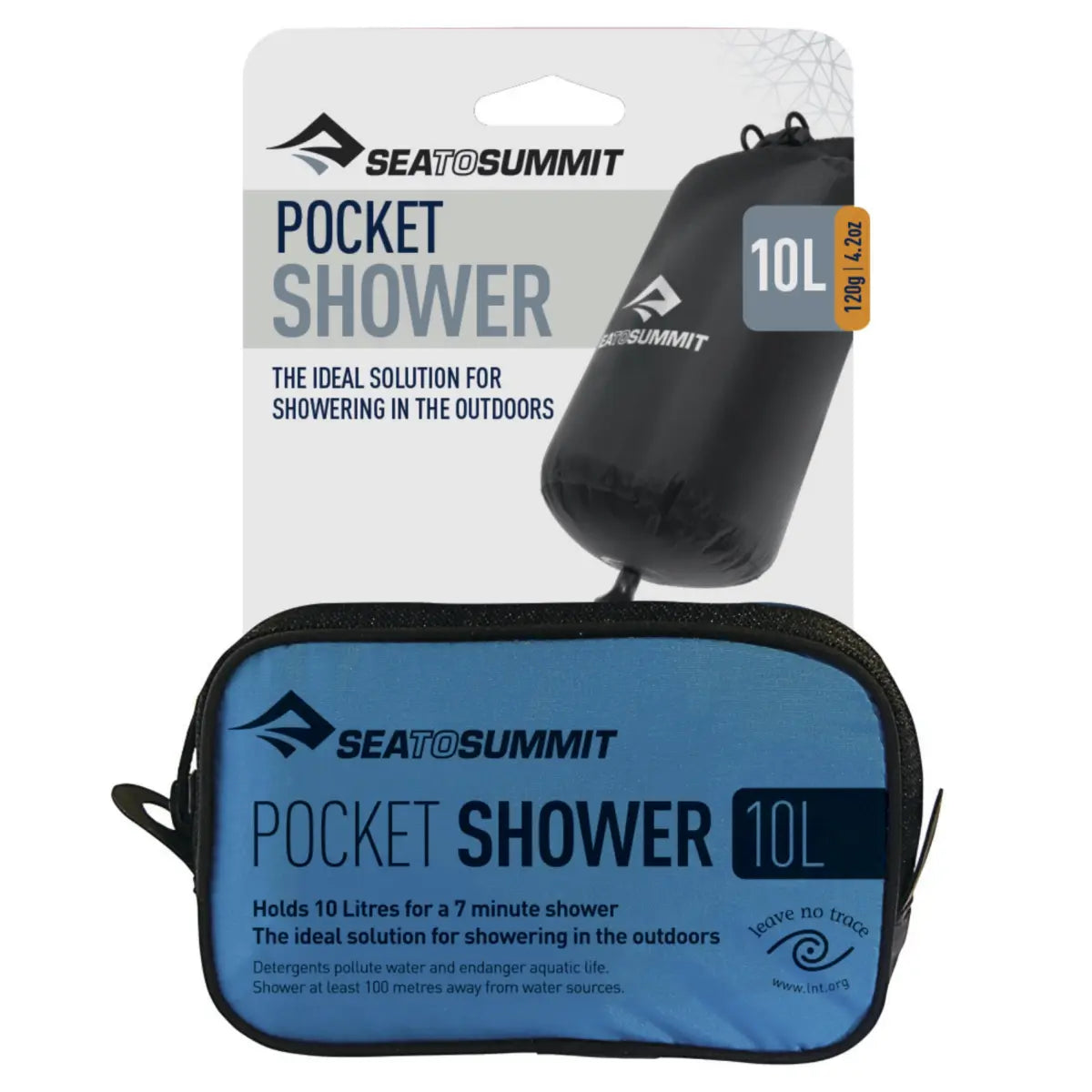 Packed pocket shower fits into the palm of your hand