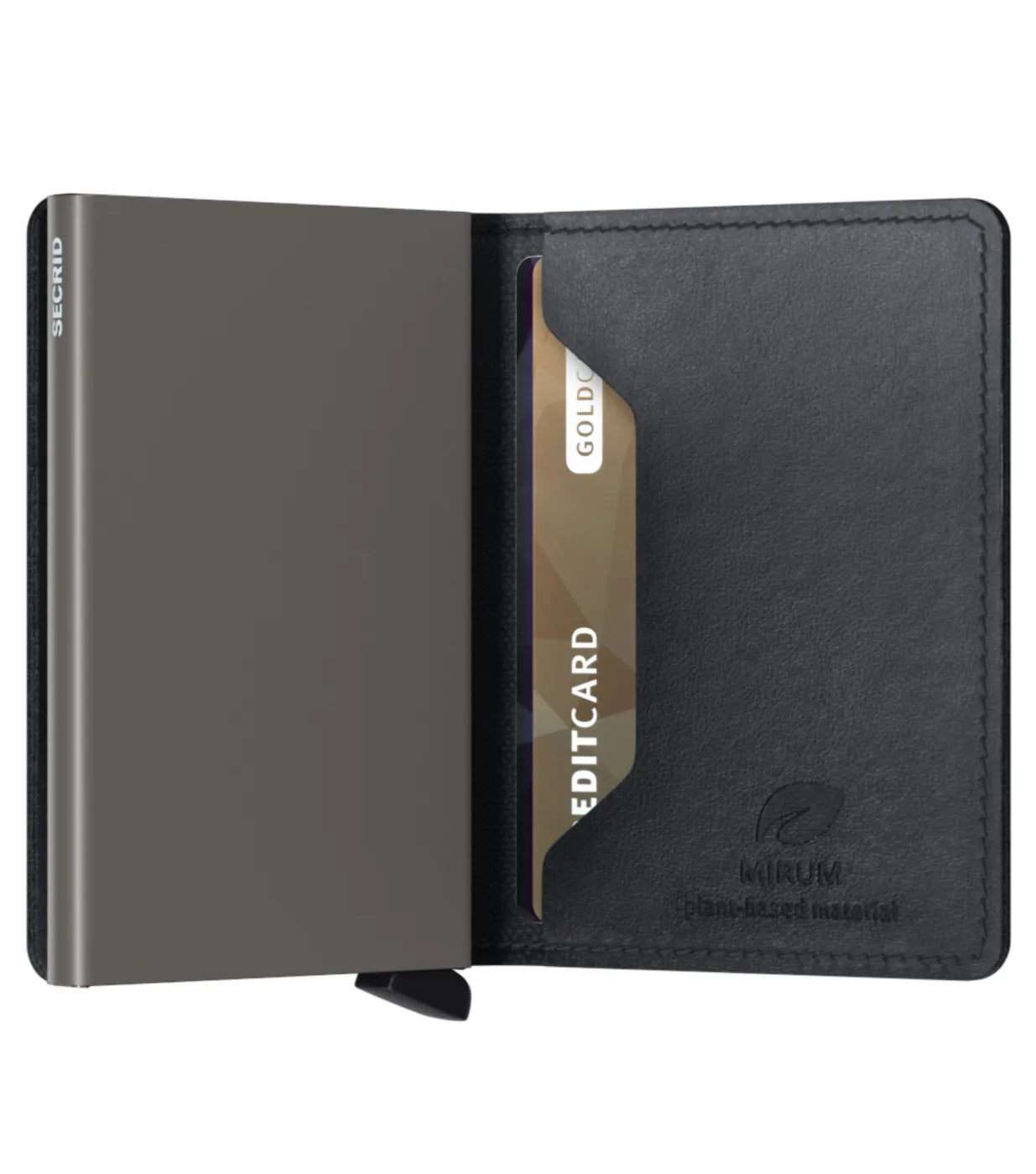 Sleeves inside can hold business cards and receipts