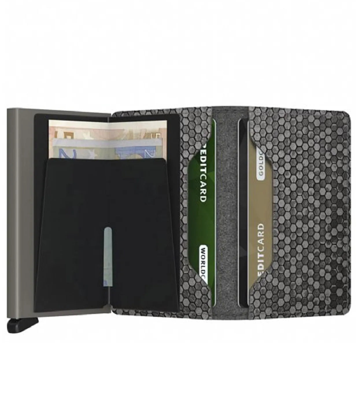 Includes interior pockets for holding 6 extra cards, notes, receipts, business cards