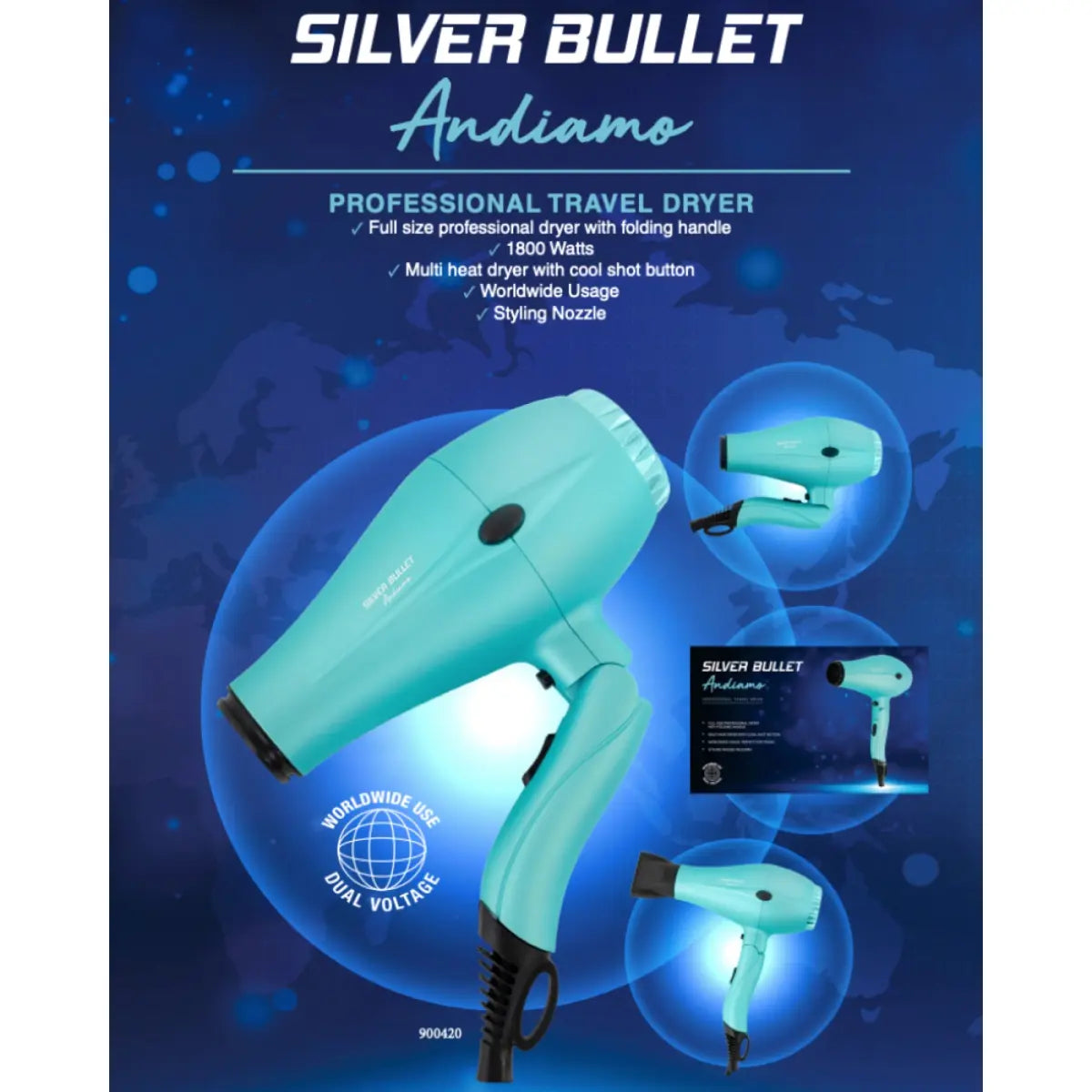 Silver Bullet Andiamo Full-Size Foldable Travel Hair Dryer - Teal