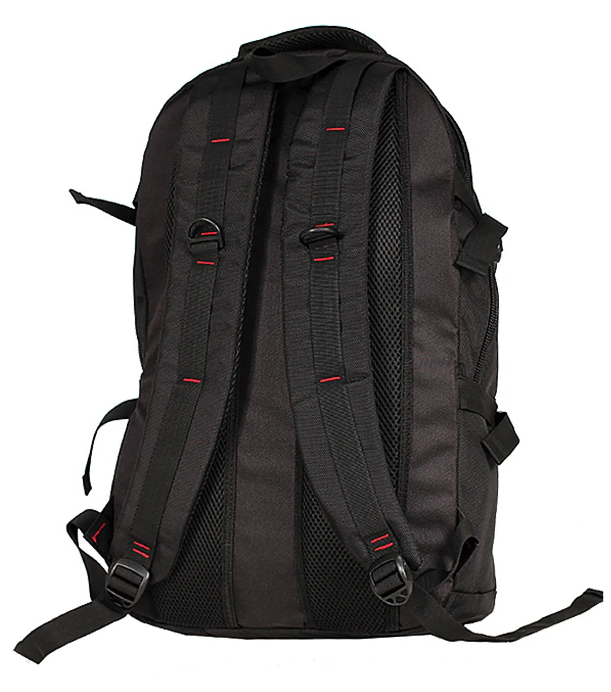 Back view of tosca deluxe black laptop backpack with red stitching mesh panels and padded laptop compartment