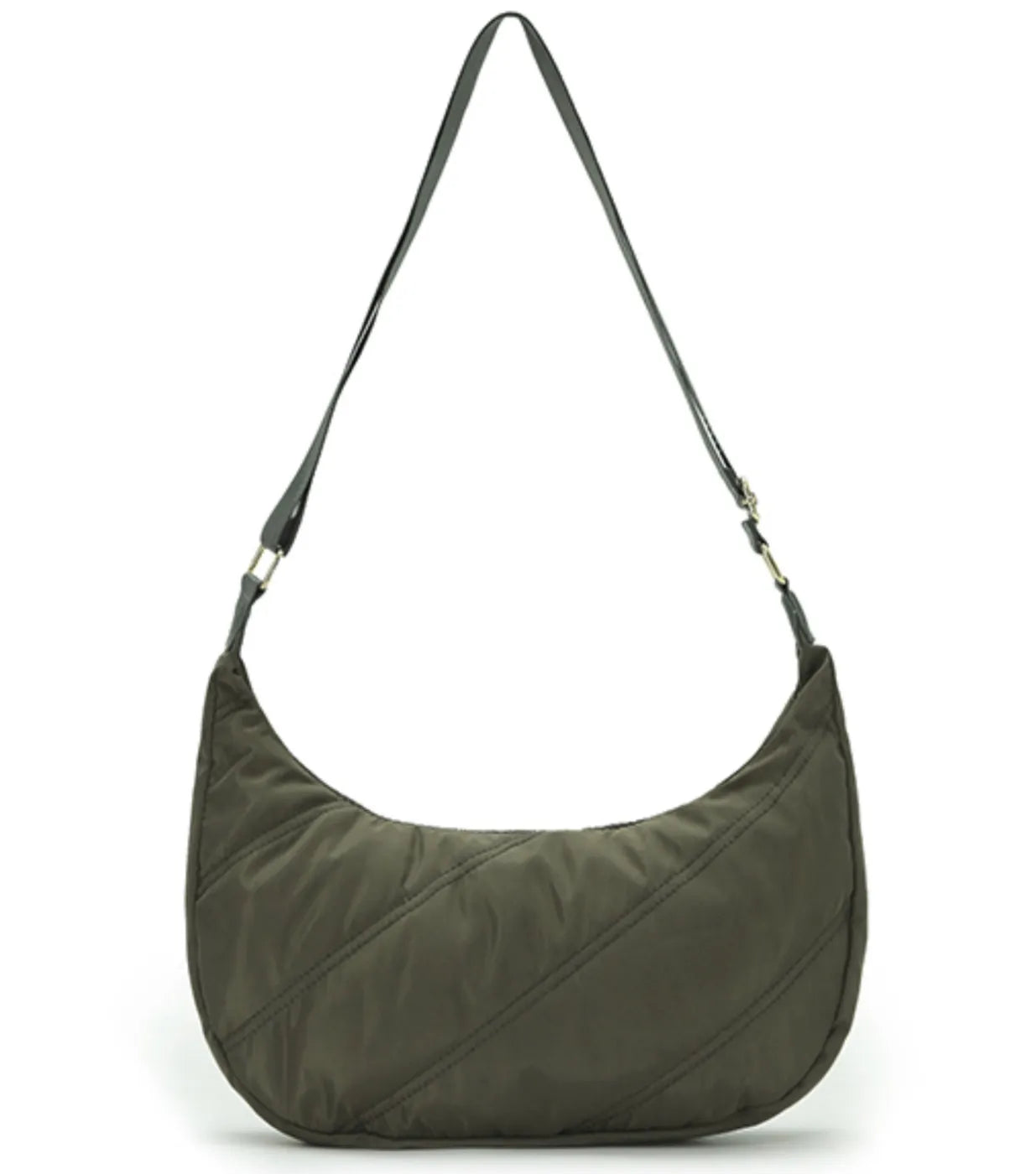 Olive green quilted nylon tosca harlow hobo bag with a black leather strap perfect for everyday use