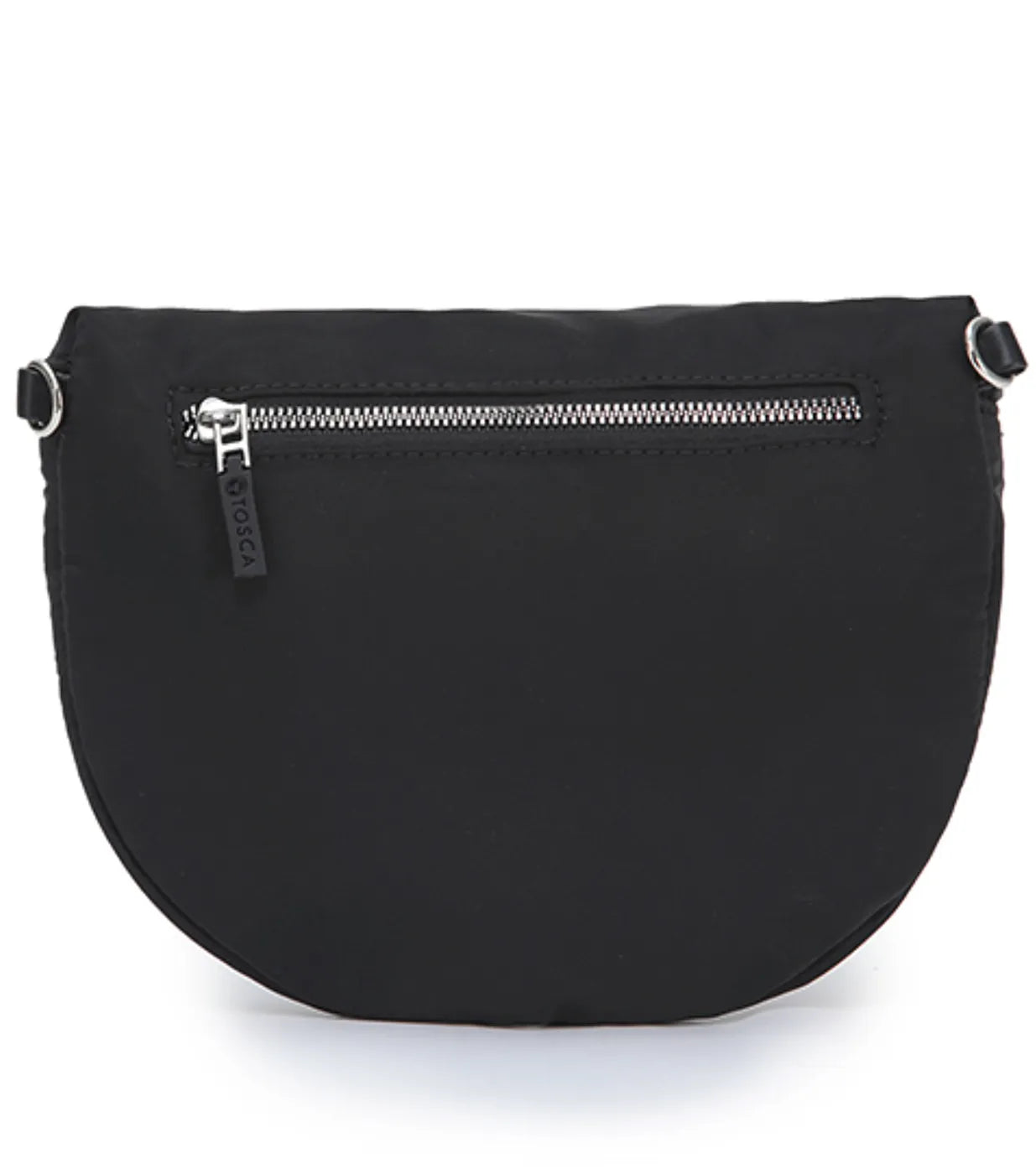 Black tosco harlow sling bag with curved silhouette silver zipper made of composite memory nylon