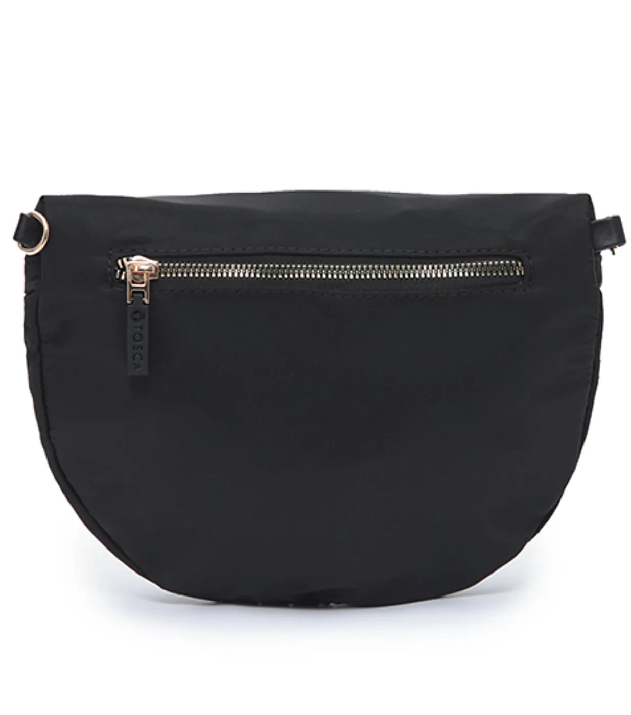 Tosca harlow sling bag black stitch made of composite memory nylon with rose gold zipper and hardware