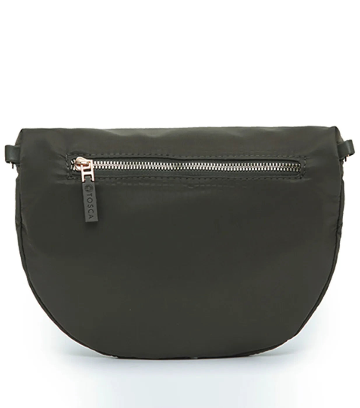 Dark olive green tosca sling bag with khaki stitch composite memory and silver-toned zipper details