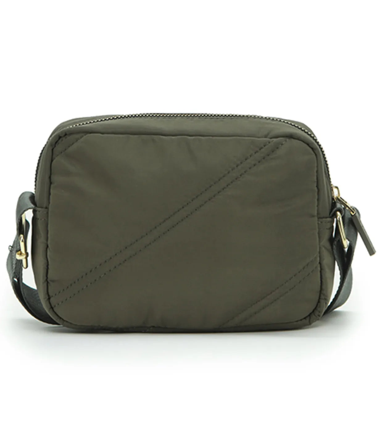 Olive green memory nylon shoulder bag with diagonal khaki stitch and gold tone hardware perfect for everyday use