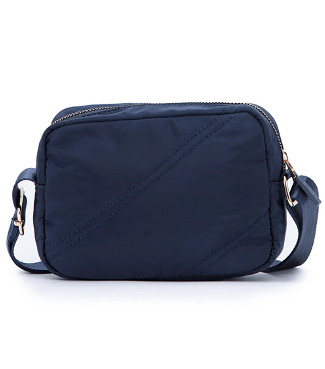 Navy stitch small shoulder bag in memory nylon with gold hardware and diagonal stitching for everyday use