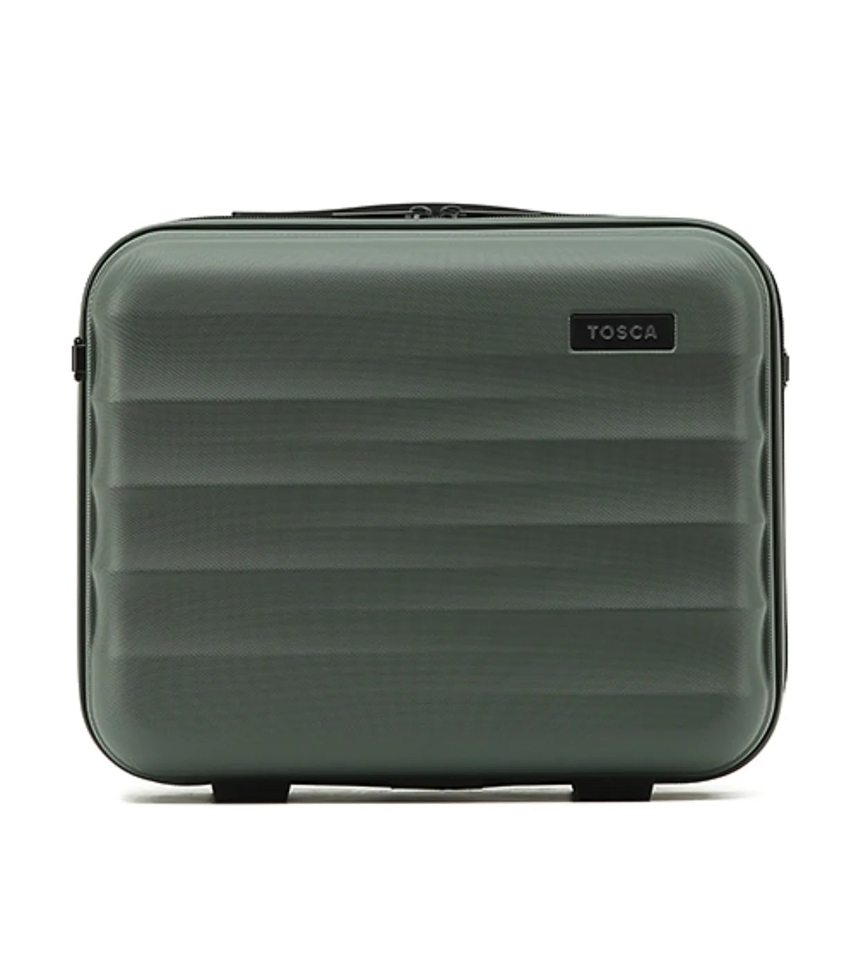 Olive green hard shell tosco interstellar 2 0 vanity case carry on luggage with horizontal ribbed texture and black trim