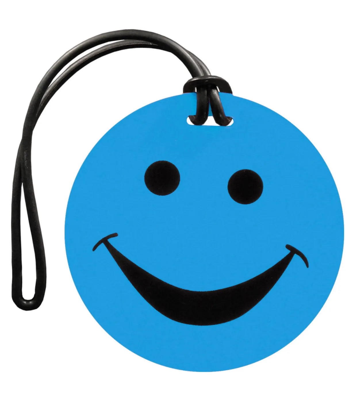 Bright blue tosca smiley suitcase tag with black smiley face design and attached black strap for luggage identification