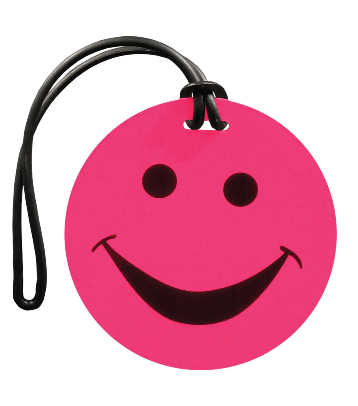Bright pink tosca smiley suitcase tag with black smiley face design and black strap for easy luggage ID