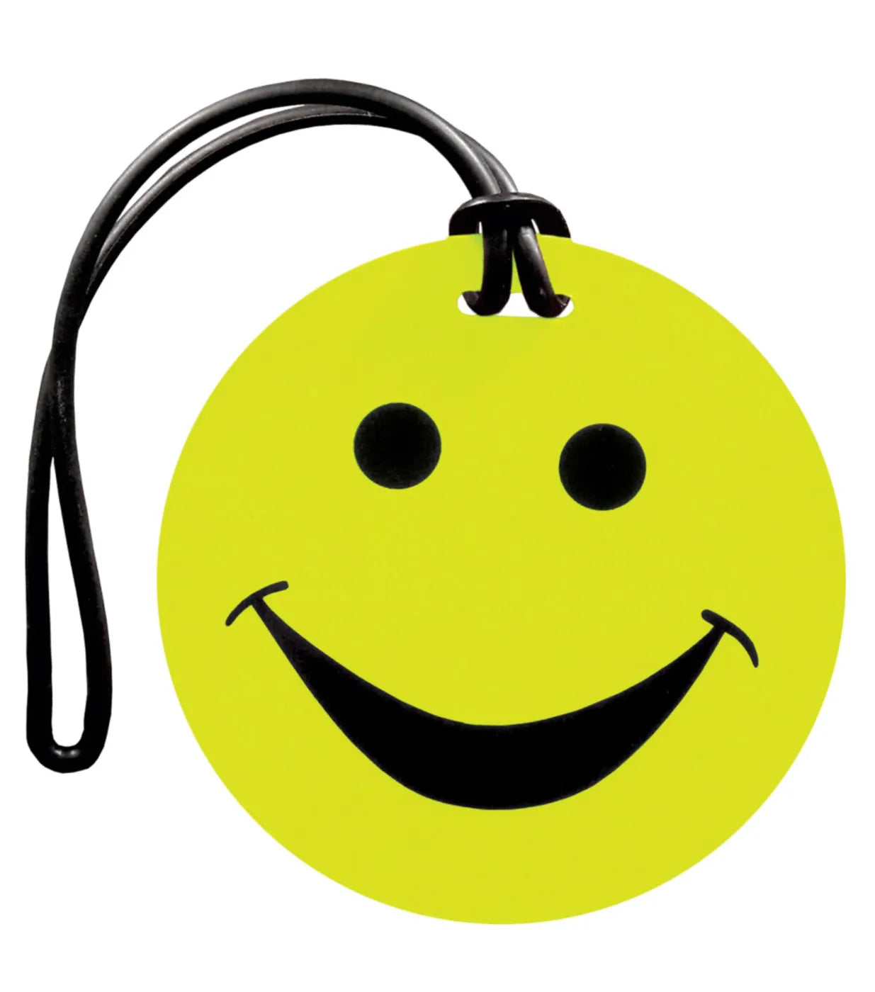Bright yellow tosca smiley suitcase tag with black smiley face design and attached black strap for easy luggage ID