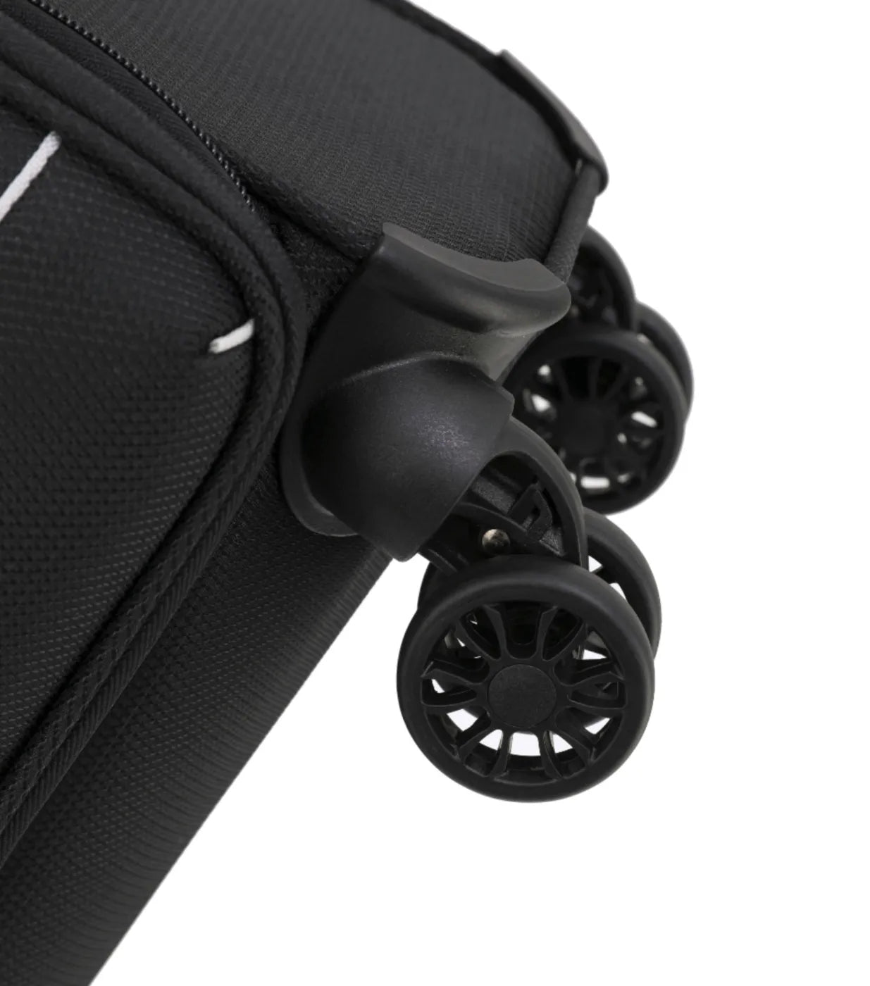 Black tosco so lite suitcase wheel with textured spoke design and internal telescopic trolley system visible