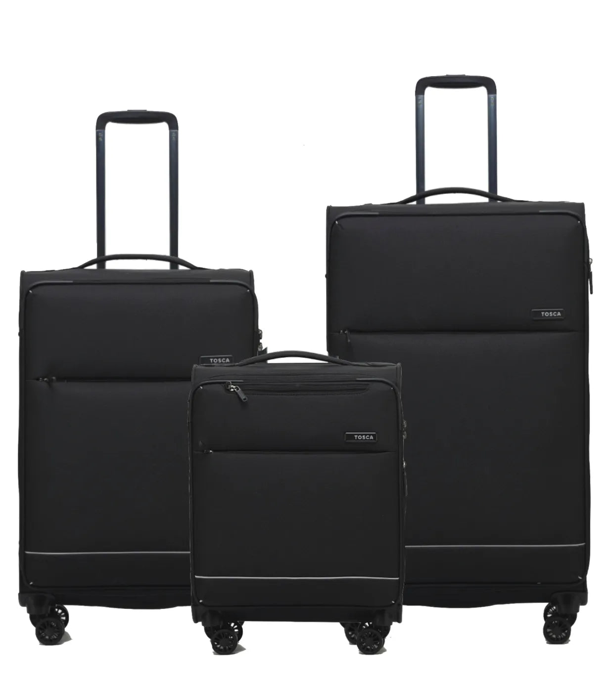 Set of three black tosca so lite 4-wheel suitcases with sleek design and internal telescopic trolley handles