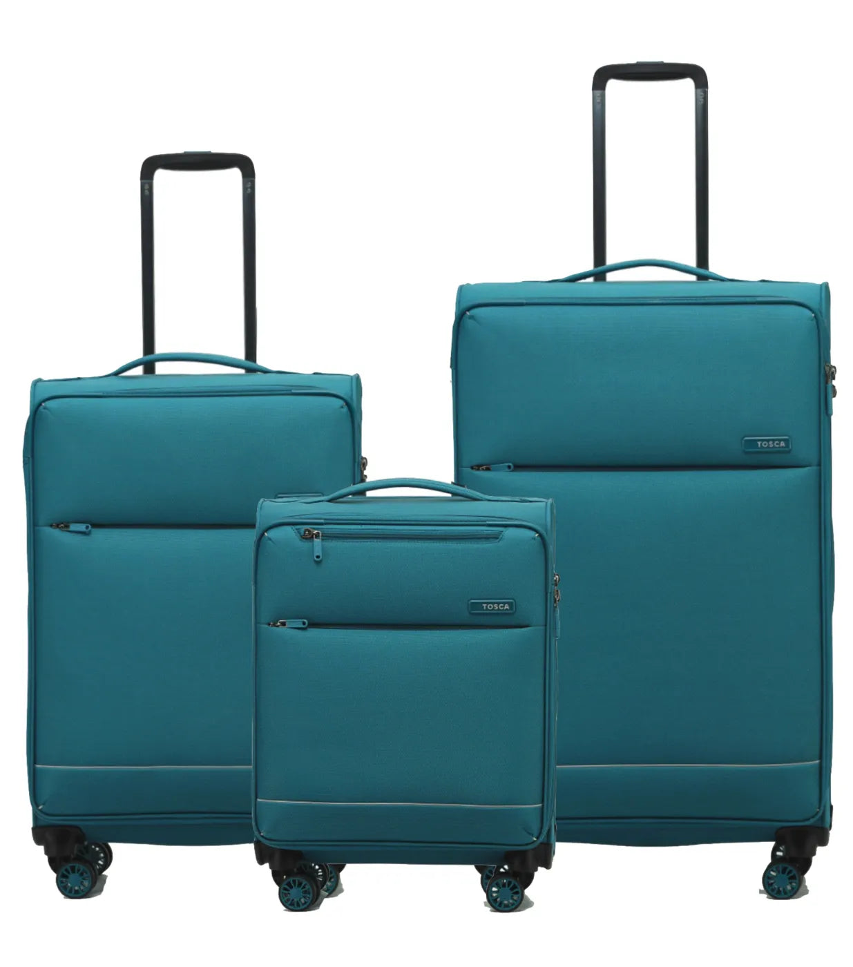 Set of three teal tosca tosca so lite 4-wheel suitcases with internal telescopic trolley handles and black wheels