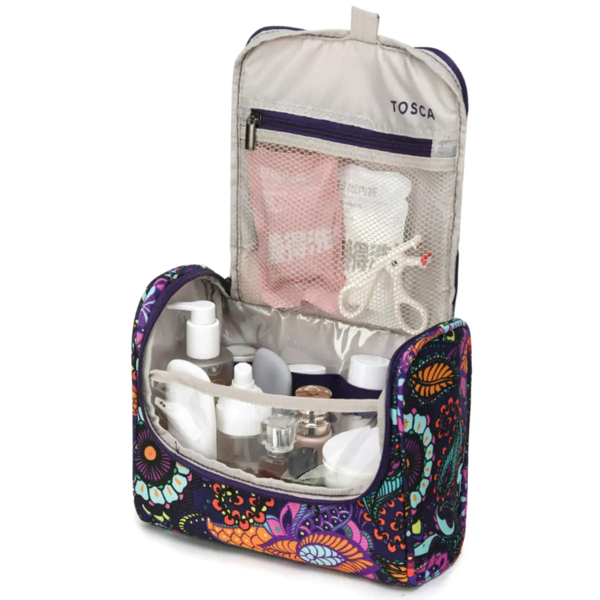 Zippered main compartment with hanging loop