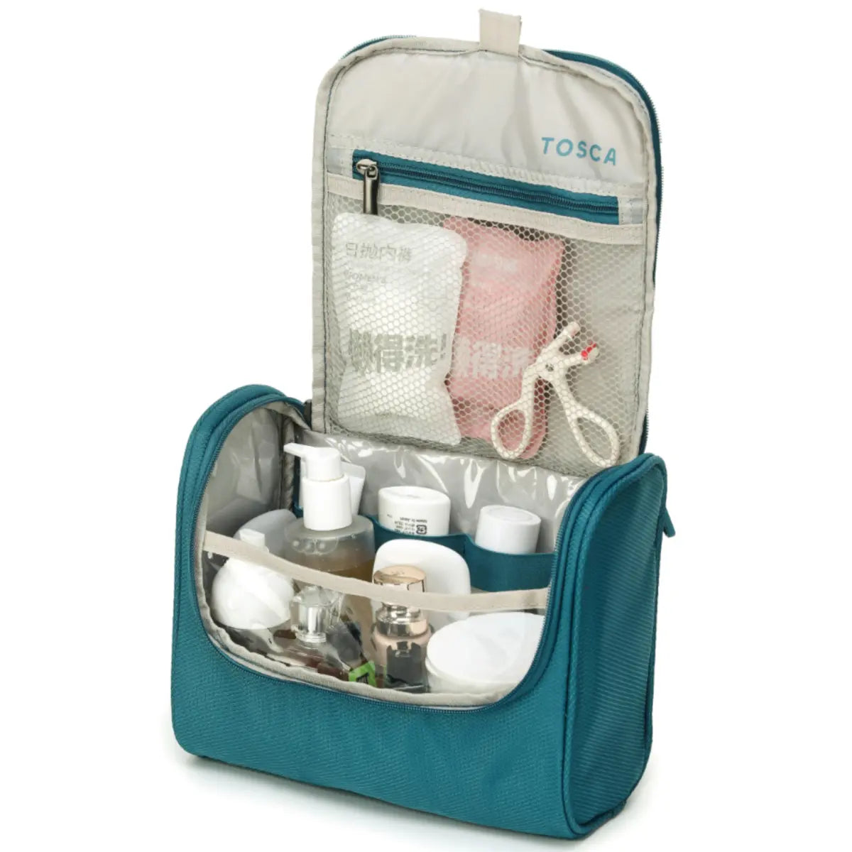 Zippered main compartment with hanging loop