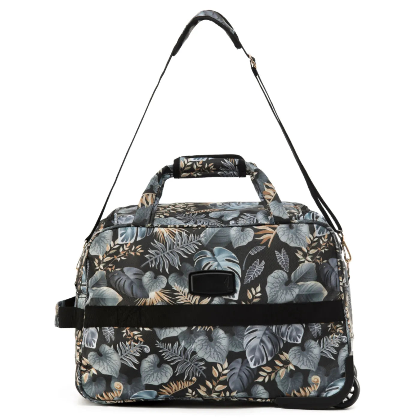 Black duffel onboard wheel bag with gray blue beige tropical leaf pattern from tosco so lite golden palm series
