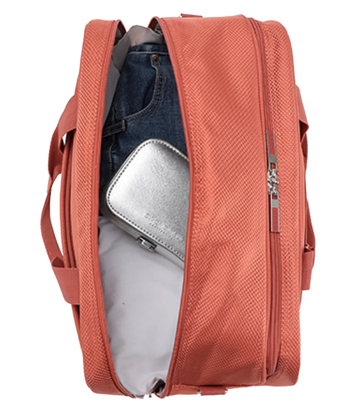 Coral-colored textured fabric tosca vega on-board tote bag with dual zippers and sturdy handles in rust color