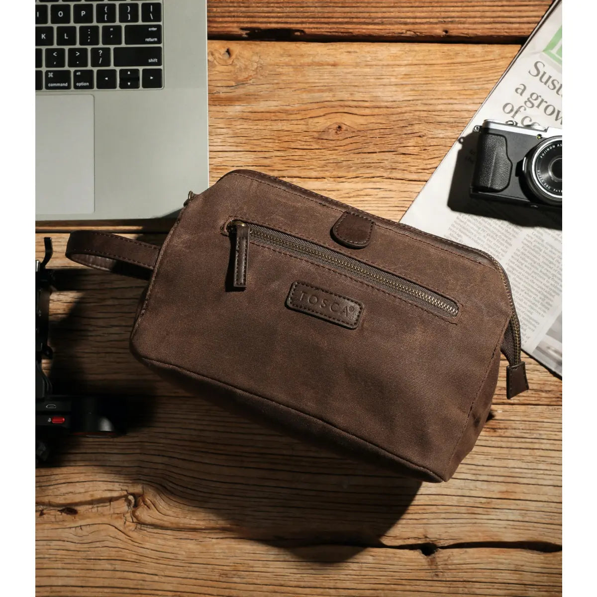 Tosca Waxed Canvas Toiletry Wash Bag - Brown