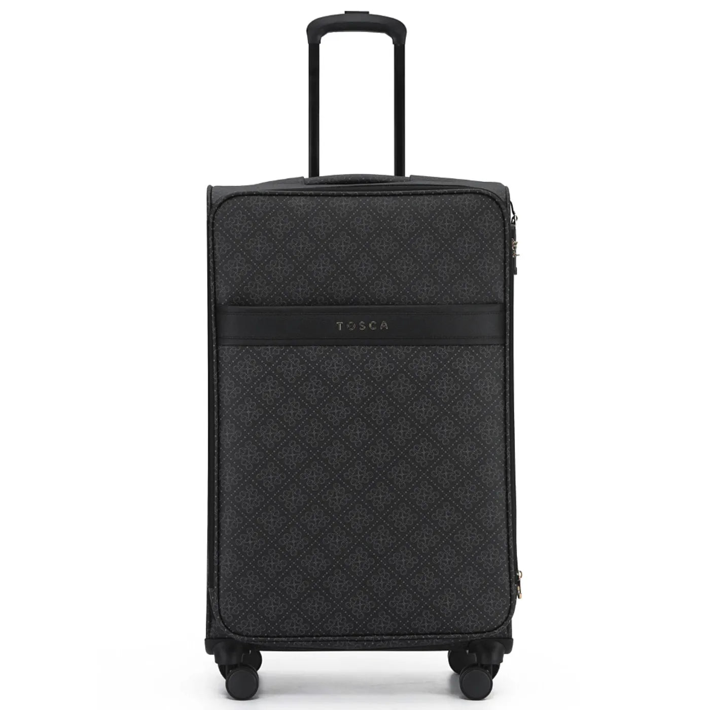 Black quilted tosca willow 77 cm expandable suitcase with subtle diamond pattern and attachable id tag for extra packing space