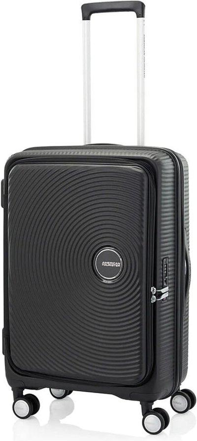 tu-american-tourister-curio-book-opening-68-cm-spinner-suitcase-black front view for size comparison