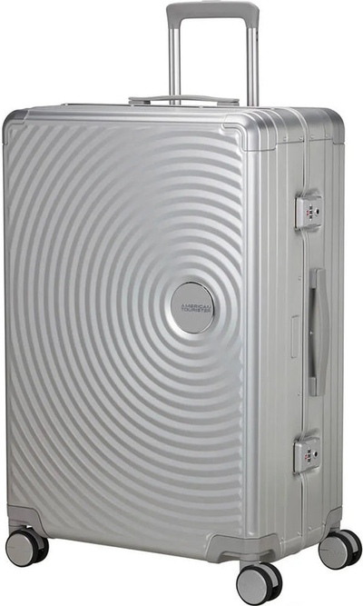 American Tourister Soundbox ALU 77 cm 4-Wheel Suitcase - Silver shown to scale
