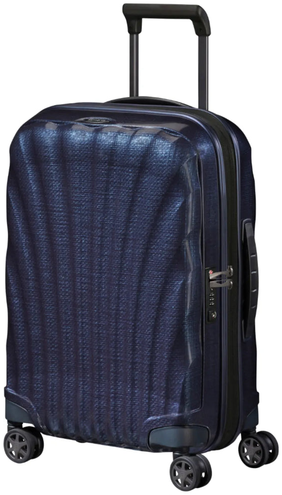 Samsonite C-Lite 55 cm expandable cabin spinner suitcase in midnight blue, standing upright on white