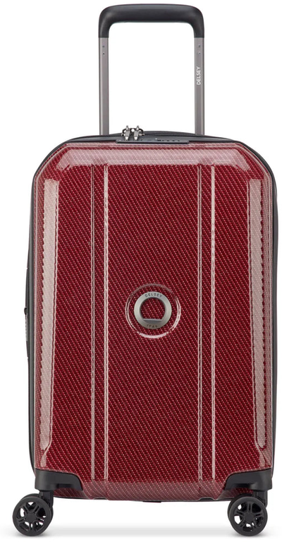 Delsey Helium Ultimate 55 cm 4-Wheel Expandable Carry-on Suitcase - Burgundy shown to scale