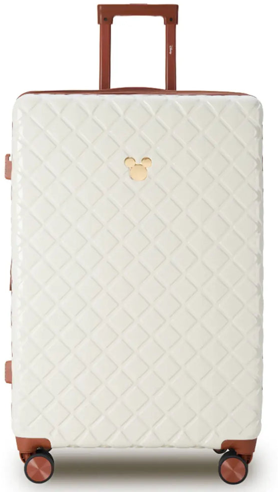 Disney Mickey 76 cm spinner suitcase in ivory and tan, quilted hard shell standing upright