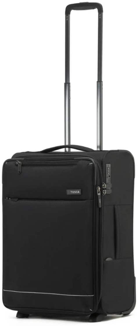 Tosca So Lite 54 cm 2-wheel carry-on suitcase in black, standing upright with the trolley handle raised