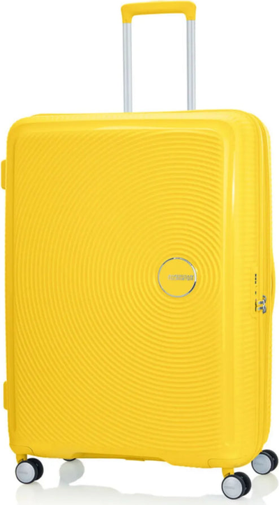 American Tourister Curio 2 - 80 cm Expandable Spinner Suitcase - Golden Yellow shown to scale