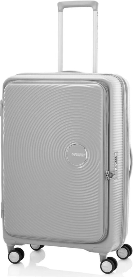 American Tourister Curio Book Opening 75 cm Expandable Spinner Suitcase - Cool Grey front view for size comparison