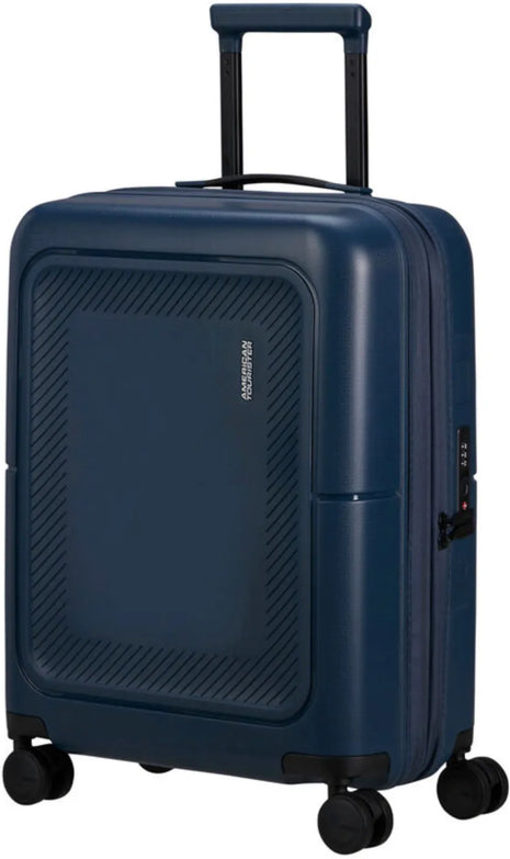 American Tourister Dashpop 55 cm Expandable Carry-On Spinner Suitcase - Midnight Blue front view for size comparison