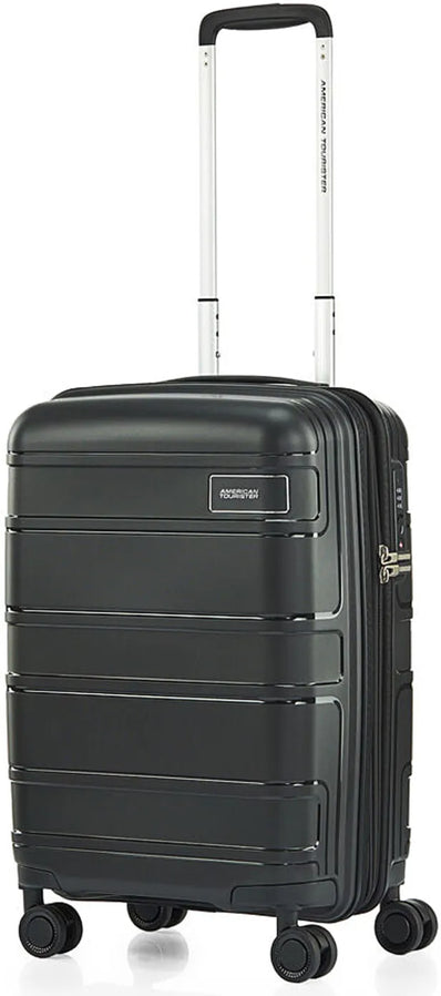 American Tourister Light Max 55 cm Expandable Carry-On Spinner Suitcase - Black front view for size comparison